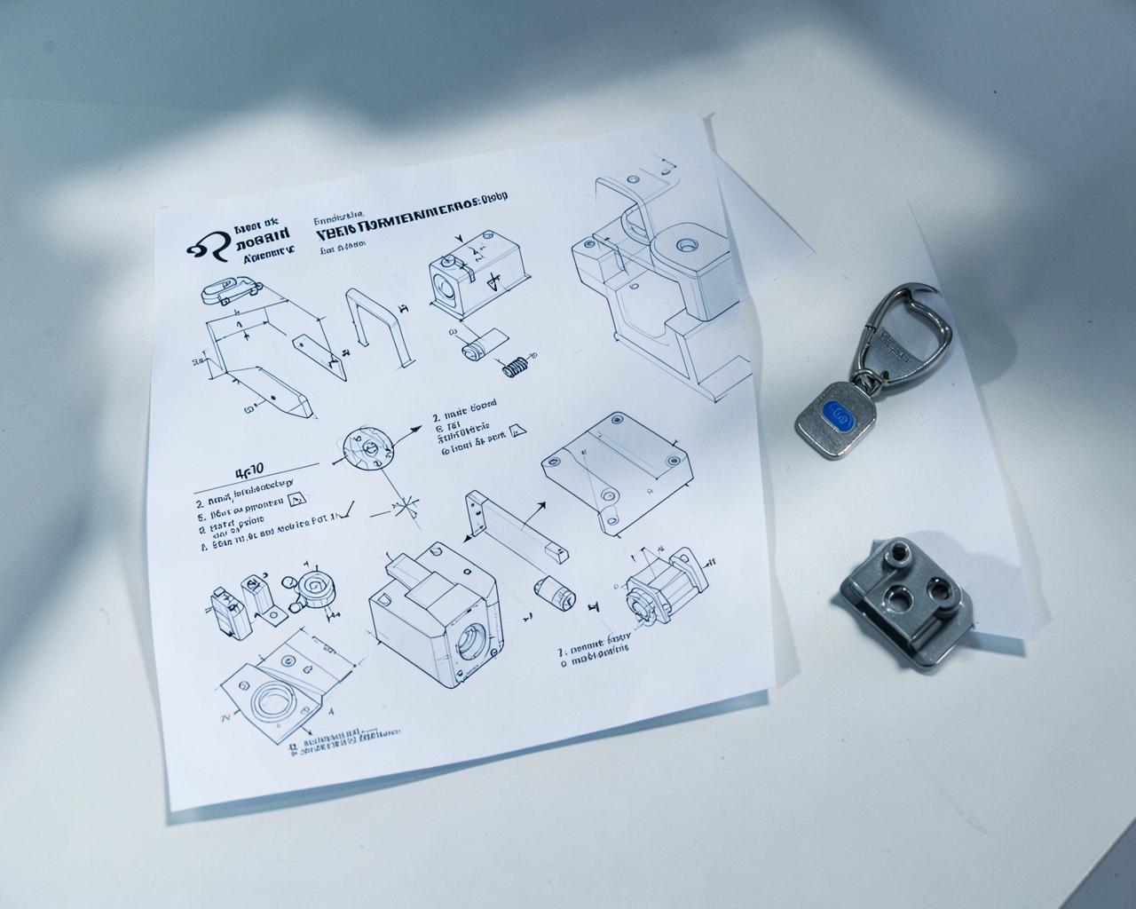 Wydrukowane prototypy 3D i rysunek techniczny na jasnym biurku